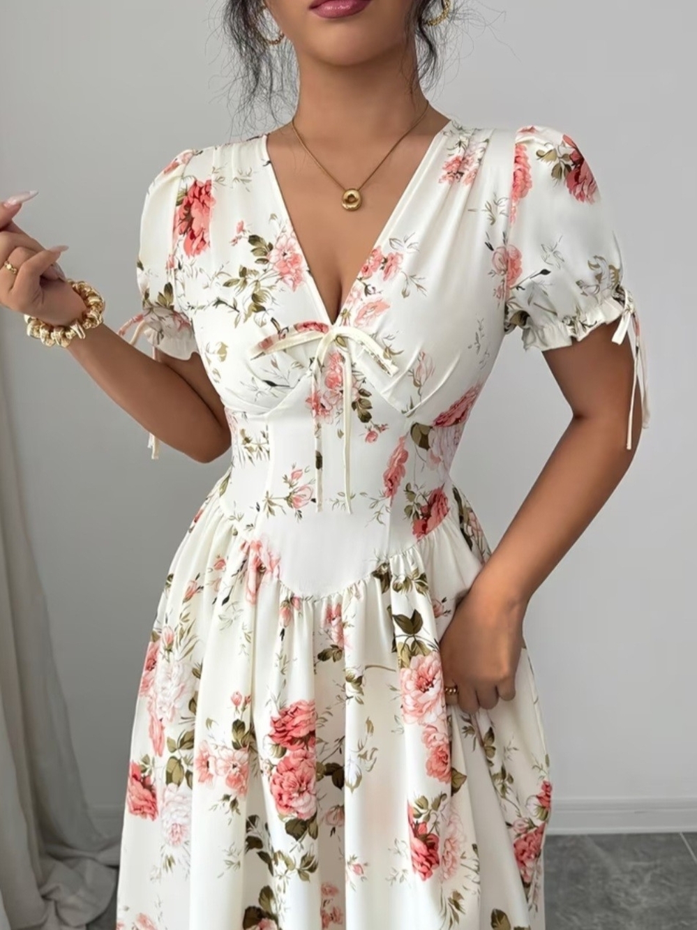 Floral V-Neck Midi Dress in Cream with Pink Roses